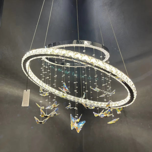 Lampadario LED a Sospensione con telecomando e cristallo 50W, 2 Cerchi, Luce Fredda/Calda/Neutra, Dimmerabile, Cromo Lucido, Altezza Regolabile Lampadari LED con Telecomando Titolo predefinito Alessandro Design