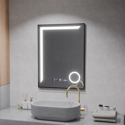 Specchio LED Sensore MotionGlow Francesca 60x80 cm Luce Calda/Fredda/Neutra Dimmerabile Cornice Nera Sistema Disappannante Spazzolato Termometro Orologio Collezione Marcello Funghi