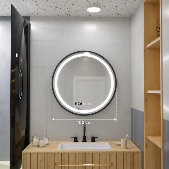 Specchio rotondo a LED, 100 cm, Celeste Majesté Noir MotionGlow Marcello, sistema antiappannamento, orologio e termometro, specchi dimmerabili Marcello Titolo predefinito Alessandro Design
