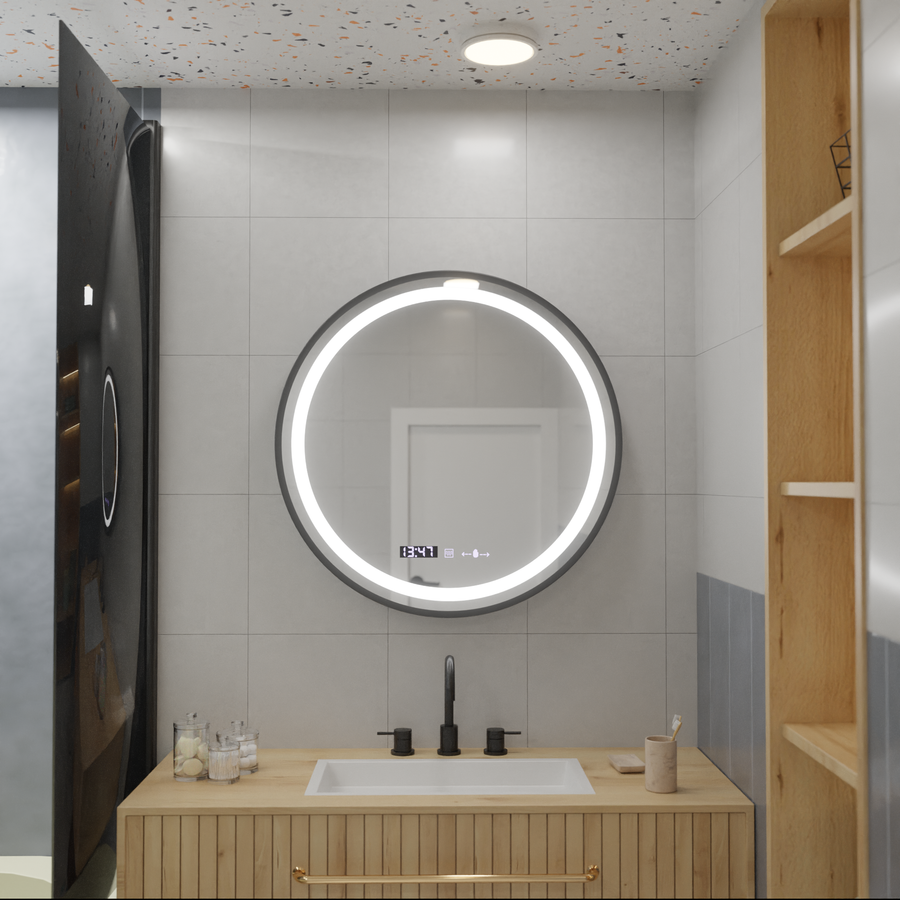 Specchio rotondo a LED, 100 cm, Celeste Majesté Noir MotionGlow Marcello, sistema antiappannamento, orologio e termometro, specchi dimmerabili Marcello Titolo predefinito Alessandro Design