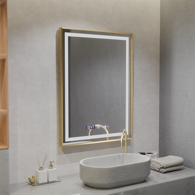 Specchio rettangolare a LED, 60x80 cm, Verite Royale Gold MotionGlow Marcello, sistema antiappannante, orologio e termometro, dimmerabile