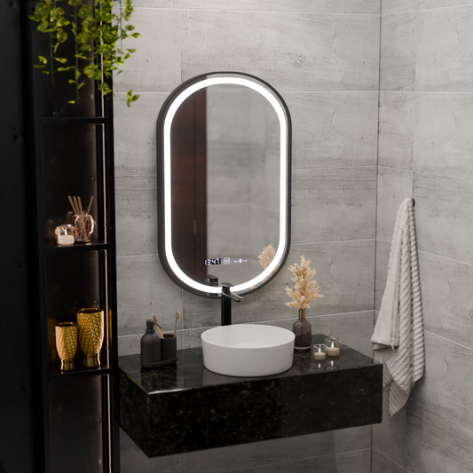 Specchio Helmut LED Touch, Sistema Demister, Orologio e Temperatura 45x90 cm, Cornice Nera, Spazzolato Marcello Funghi Specchi Korman S Titolo predefinito Alessandro Design