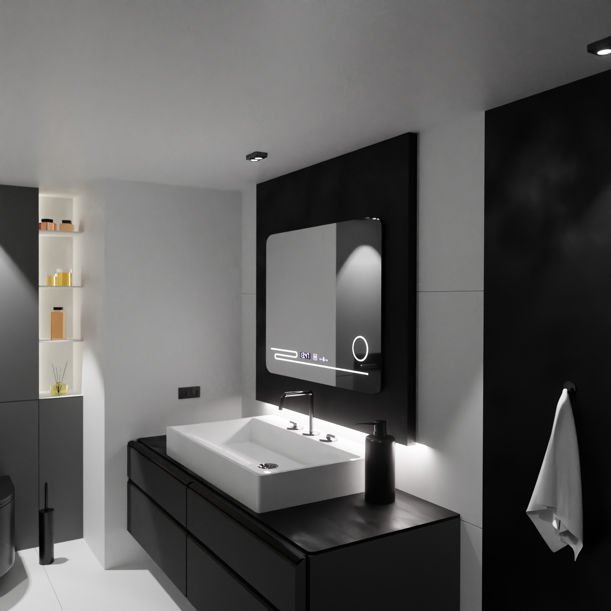 Specchio rettangolare a LED, 80x60 cm, Harmonie MotionGlow Marcello, Sistema antiappannante, Termometro e Orologio, Lente d'ingrandimento cosmetica, Specchi dimmerabili Marcello Titolo predefinito Alessandro Design