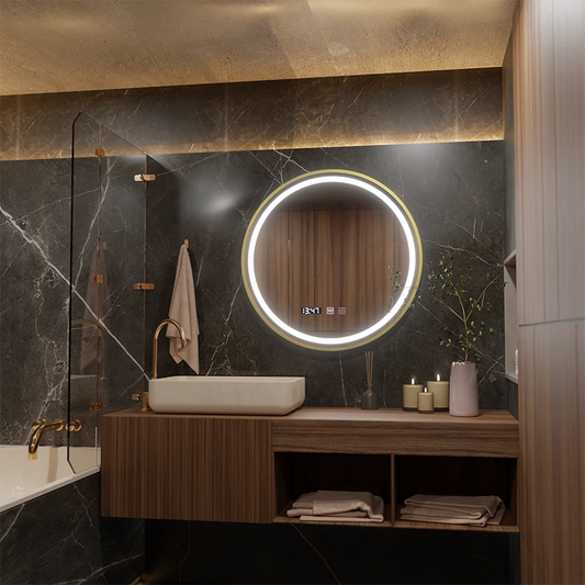 Specchio LUSSO LED Touch, Sistema Disappannante, Orologio e Temperatura, 50 cm, Cornice Oro Spazzolato