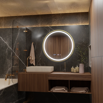 Specchio LUSSO LED Touch, Sistema Disappannante, Orologio e Temperatura, 50 cm, Cornice Oro Spazzolato
