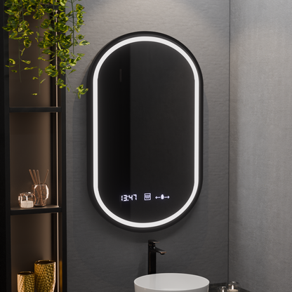 Specchio Ovale a LED, 50x90cm, Alessia MotionGlow Marcello, Sistema Antiappannamento, Orologio e Termometro, Dimabila Specchi Marcello Titolo predefinito Alessandro Design