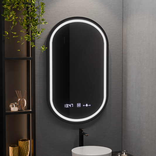 Specchio Ovale a LED, 50x90cm, Alessia MotionGlow Marcello, Sistema Antiappannamento, Orologio e Termometro, Dimabila Specchi Marcello Titolo predefinito Alessandro Design