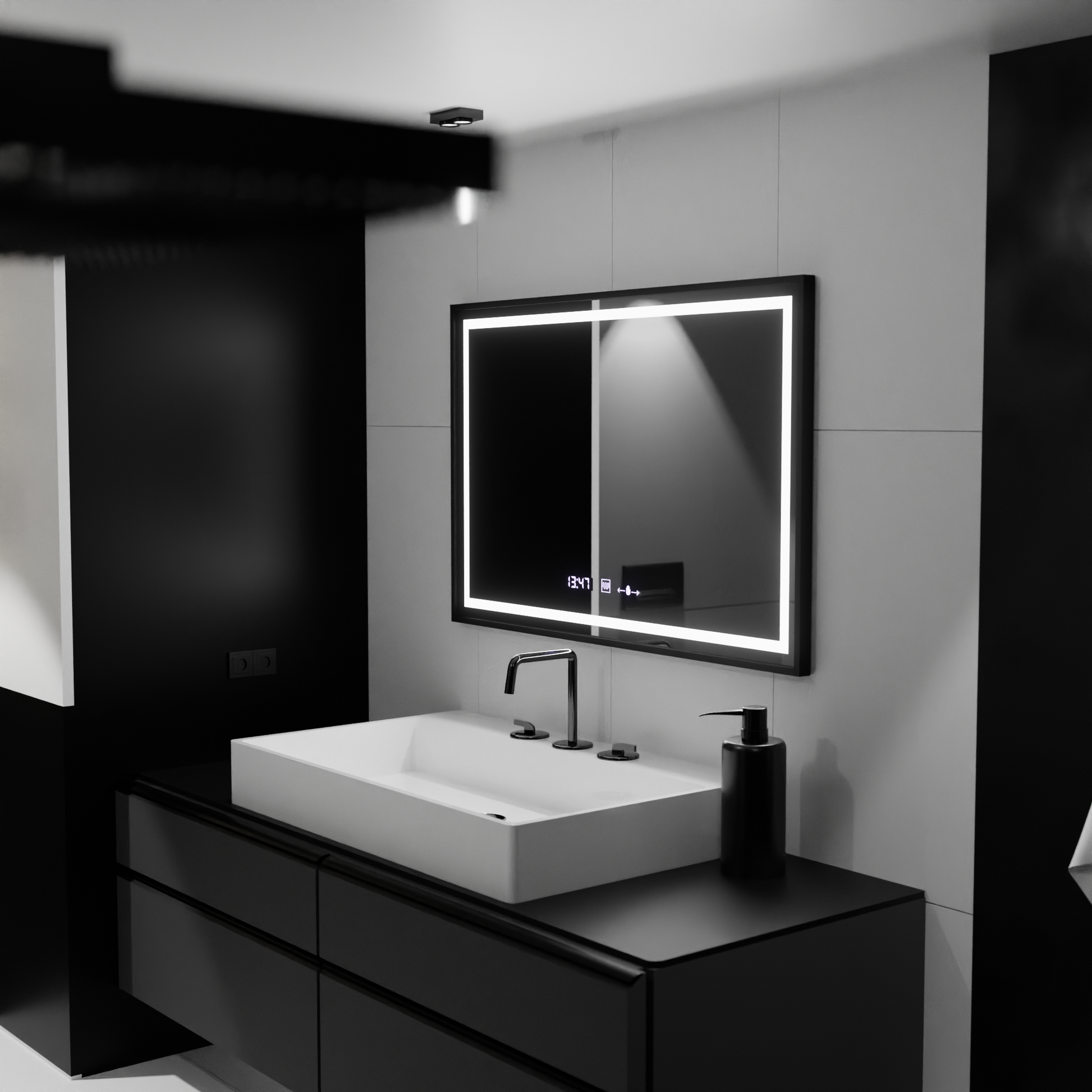 Specchio rettangolare a LED, 120x80 cm, Verite Majeste Noir Motion Glow Marcello, sistema antiappannamento, orologio e termometro, specchi dimmerabili Marcello Titolo predefinito Alessandro Design