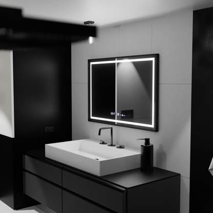 Specchio rettangolare a LED, 120x80 cm, Verite Majeste Noir Motion Glow Marcello, sistema antiappannamento, orologio e termometro, specchi dimmerabili Marcello Titolo predefinito Alessandro Design