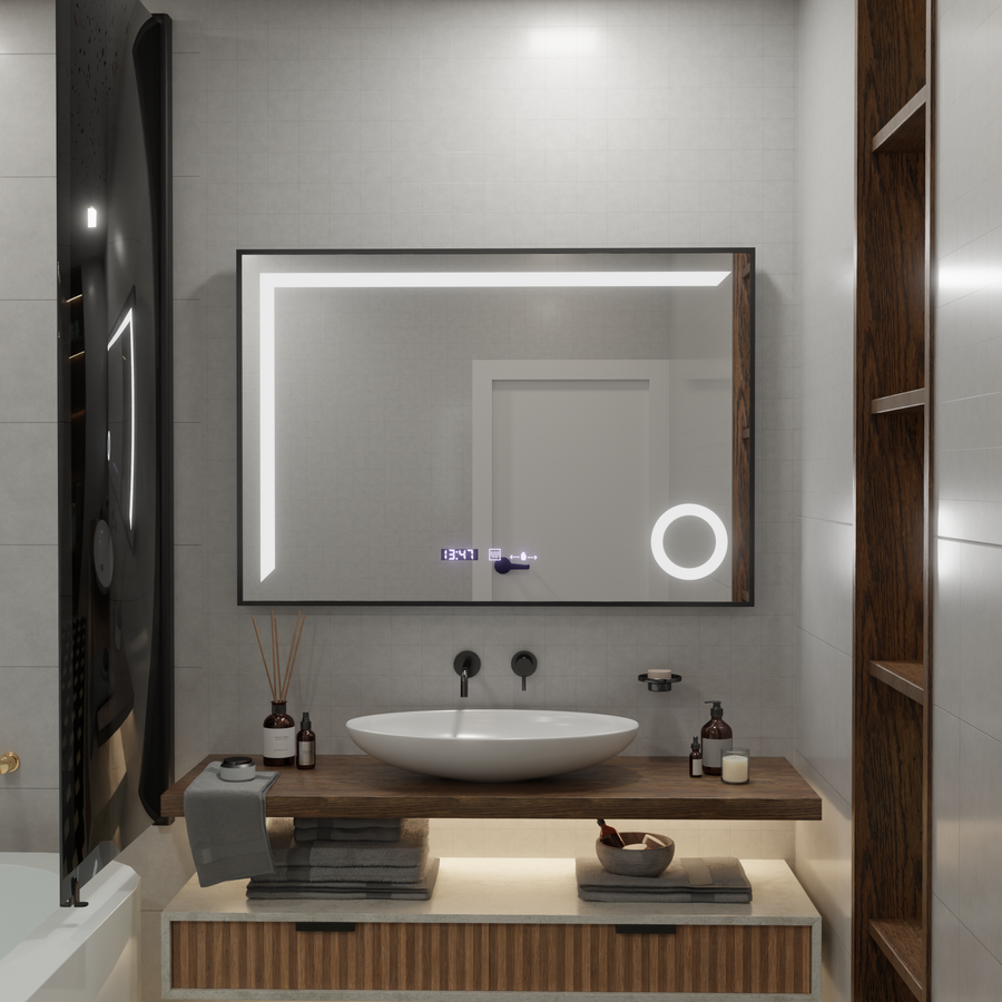 Specchio LED MotionGlow Sofia sensore con funzione antiappannante Termometro Orologio 110x75 cm Dimmerabile Luce Calda/Fredda/Neutra, Cornice Nera Spazzolata, Collezione Marcello Funghi Marcello Specchi Titolo predefinito Alessandro Design