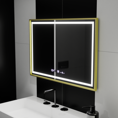Specchio rettangolare a LED, 120x80 cm, Verite Royale Gold MotionGlow Marcello, sistema antiappannamento, orologio e termometro, dimmerabile