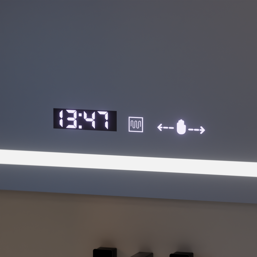 Specchio rettangolare a LED, 120x80 cm, Eclat MotionGlow Marcello, sistema antiappannamento, orologio e termometro, lente d'ingrandimento cosmetica, specchi Marcello dimmerabili Titolo predefinito Alessandro Design