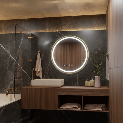 LUSSO LED Specchio Touch, Sistema Demister, Orologio e Temperatura, Diametro 60 cm, Cornice Oro Spazzolato, Luce Calda e Fredda Neutra 3000K/4500K/6000K, Specchi Korman S Dimmerabili Titolo predefinito Alessandro Design