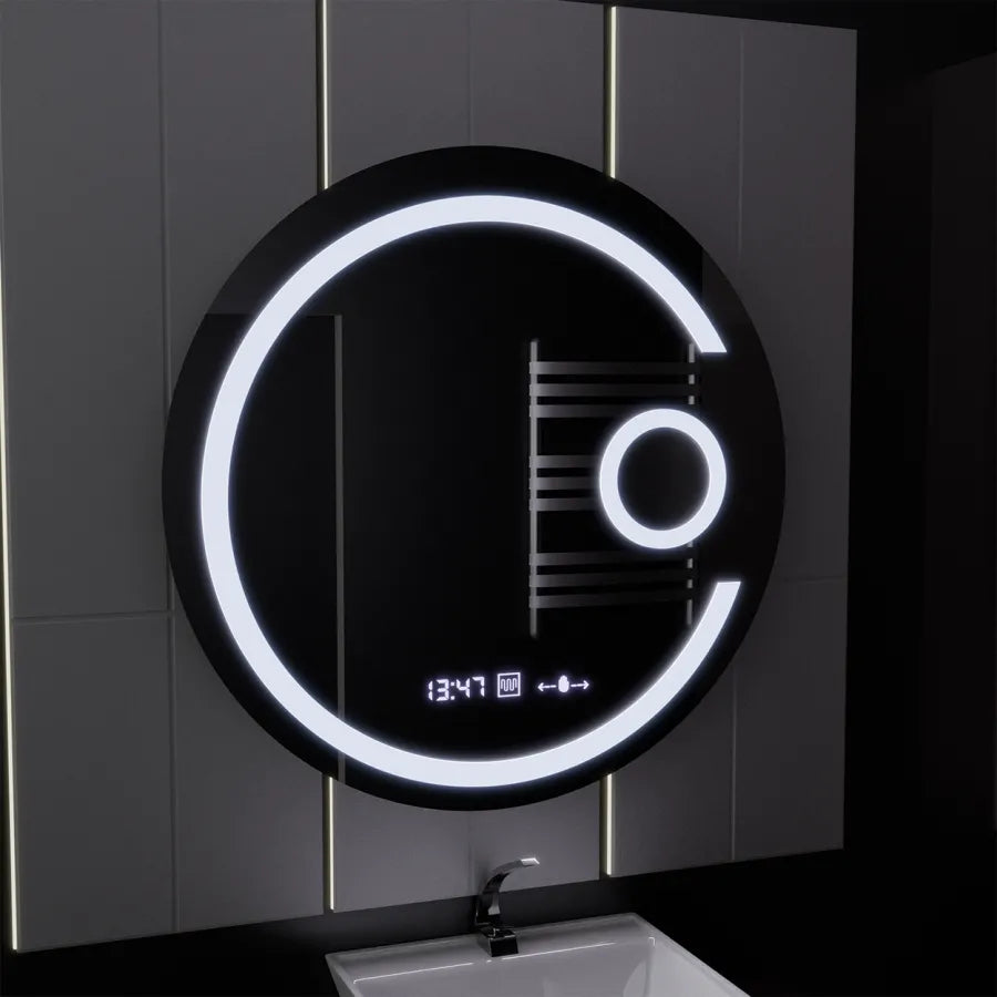 Specchio rotondo a LED, 22 W, 70 cm, Visio MotionGlow Marcello, sistema antiappannamento, orologio e termometro, lente d'ingrandimento cosmetica, specchi Marcello dimmerabili Titolo predefinito Alessandro Design
