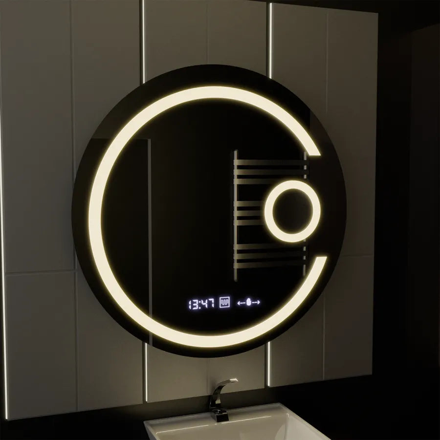 Specchio rotondo a LED, 22 W, 70 cm, Visio MotionGlow Marcello, sistema antiappannamento, orologio e termometro, lente d'ingrandimento cosmetica, specchi Marcello dimmerabili Titolo predefinito Alessandro Design