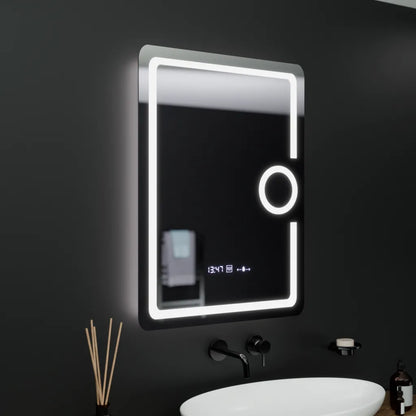 Specchio rettangolare a LED, 60x80 cm, Eclat MotionGlow Marcello, Orologio e Termometro, Sistema Demister, Lente d'ingrandimento cosmetica, Specchi Dimabila Marcello Titolo predefinito Alessandro Design