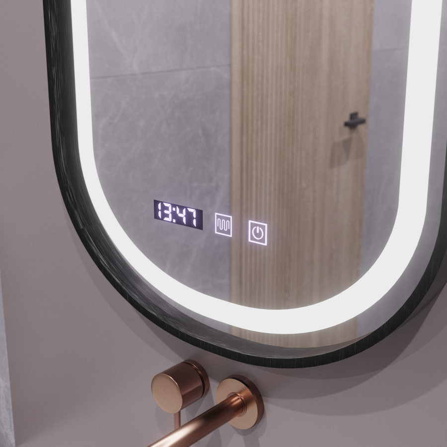 Oglinda LED Touch Helmut Sistem Dezaburire, Ceas si Temperatura 50x80 cm Rama Negru Brushed Marcello Funghi