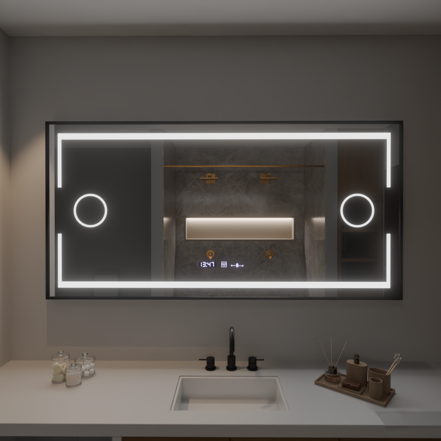 Specchio rettangolare a LED, 160x80 cm, sensore Marcello MotionGlow, sistema antiappannamento, orologio e termometro, lente d'ingrandimento cosmetica, specchi Marcello dimmerabili Titolo predefinito Alessandro Design