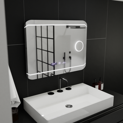 Specchio rettangolare a LED, 80x60 cm, stile Marcello MotionGlow, sistema antiappannamento, orologio e termometro, lente d'ingrandimento cosmetica, specchi Marcello dimmerabili Titolo predefinito Alessandro Design