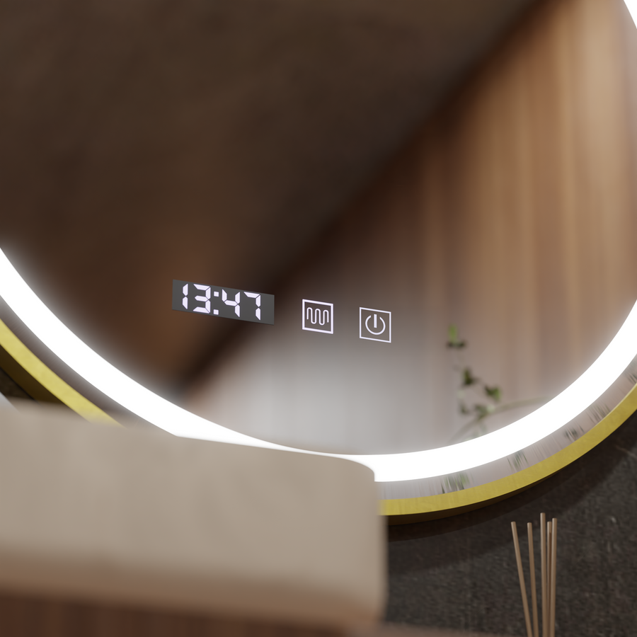 LUSSO LED Specchio Touch, Sistema Demister, Orologio e Temperatura, Diametro 60 cm, Cornice Oro Spazzolato, Luce Calda e Fredda Neutra 3000K/4500K/6000K, Specchi Korman S Dimmerabili Titolo predefinito Alessandro Design