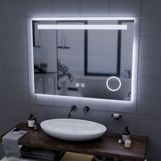 Specchio LED Rettangolare, 80x60cm, Piano Touch, Sistema Demist, Dimmerabile, Luce Fredda 6000K