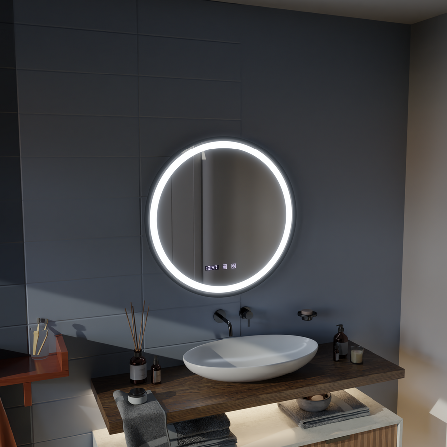 Specchio Touch LED NOVARA Sistema Antiappannamento, Orologio e Temperatura 50 cm Cornice Nera Specchi Spazzolati Korman S Titolo predefinito Alessandro Design