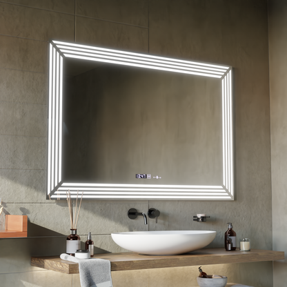 Specchio LED rettangolare, 120x80cm, sensore Venezia Marcello MotionGlow, sistema antiappannamento, orologio e termometro, specchi Dimabila Marcello Titolo predefinito Alessandro Design