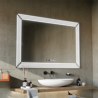 Specchio LED rettangolare, 110x65cm, sensore Venezia MotionGlow Marcello, sistema antiappannante, orologio e termometro, Dimabila