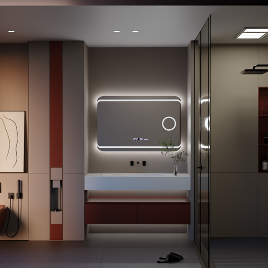 Specchio rettangolare a LED, 100x60 cm, definizione MotionGlow Marcello, sistema antiappannamento, orologio e termometro, lente d'ingrandimento cosmetica, specchi Marcello dimmerabili Titolo predefinito Alessandro Design
