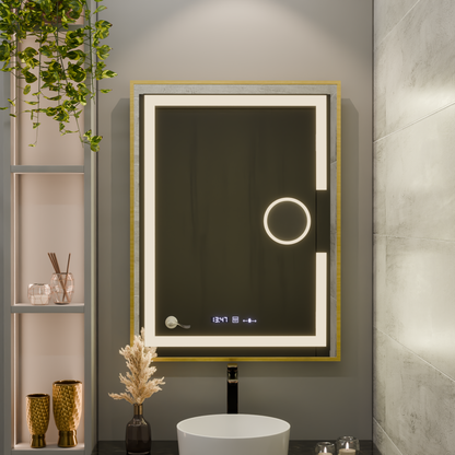 Specchio rettangolare a LED, 60x80 cm, Eclat MotionGlow Marcello, sistema antiappannamento, orologio e termometro, lente d'ingrandimento cosmetica, dimmerabile, cornice oro spazzolato Marcello Mirrors Titolo predefinito Alessandro Design