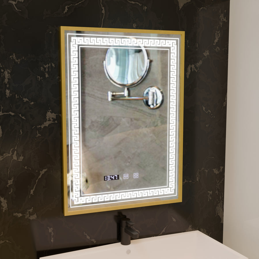 Specchio LED Touch Bruno Demister System, Orologio e Temperatura 60x80 cm Cornice Oro Spazzolato, S84/60X80 Specchi Korman S Titolo predefinito Alessandro Design