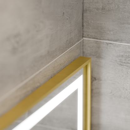 Specchio rettangolare a LED, 80x60 cm, Eclat MotionGlow Marcello, sistema antiappannamento, orologio e termometro, lente d'ingrandimento cosmetica, dimmerabile, cornice oro spazzolato Marcello Mirrors Titolo predefinito Alessandro Design