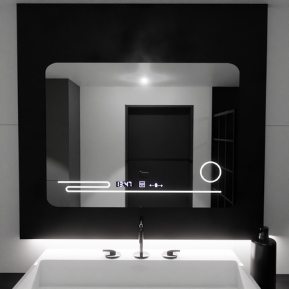 Specchio rettangolare a LED, 80x60 cm, Harmonie MotionGlow Marcello, Sistema antiappannante, Termometro e Orologio, Lente d'ingrandimento cosmetica, Specchi dimmerabili Marcello Titolo predefinito Alessandro Design