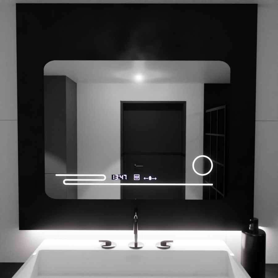 Specchio rettangolare a LED, 80x60 cm, Harmonie MotionGlow Marcello, Sistema antiappannante, Termometro e Orologio, Lente d'ingrandimento cosmetica, Specchi dimmerabili Marcello Titolo predefinito Alessandro Design