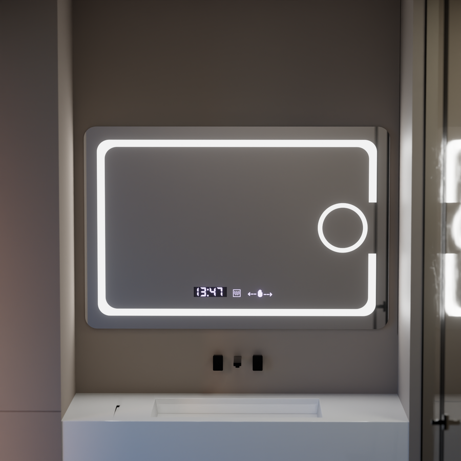 Specchio rettangolare a LED, 110x75 cm, Eclat MotionGlow Marcello, sistema antiappannamento, orologio e termometro, lente d'ingrandimento cosmetica, specchi dimmerabili Marcello Titolo predefinito Alessandro Design