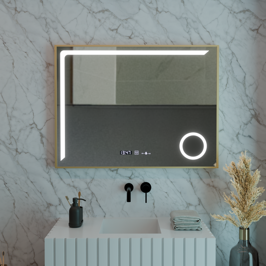 Specchio LED Sensore MotionGlow Rosalia 80x60 cm Luce Calda/Fredda/Neutra Dimmerabile Sistema di Disappannamento Termometro Orologio Collezione Marcello Funghi Marcello Specchi Titolo predefinito Alessandro Design