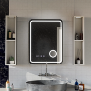 Ulrich LED Touch Specchio Disappannante, Orologio e Temperatura 75x90 cm Cornice Nera Spazzolata Lente Cosmetica