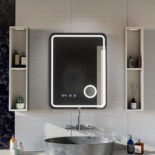 Ulrich LED Touch Specchio Disappannante, Orologio e Temperatura 75x90 cm Cornice Nera Spazzolata Lente Cosmetica