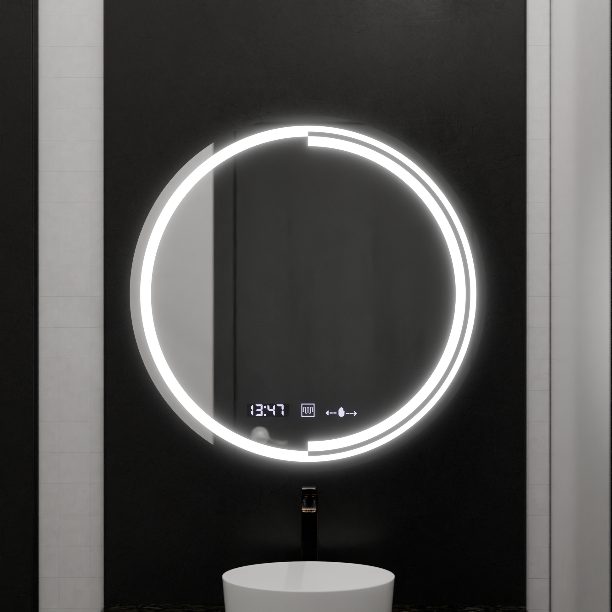 Specchio rotondo a LED, 60 cm, sensore MotionGlow Consuel Marcello, sistema antiappannamento, orologio e termometro, specchi dimmerabili Marcello Titolo predefinito Alessandro Design