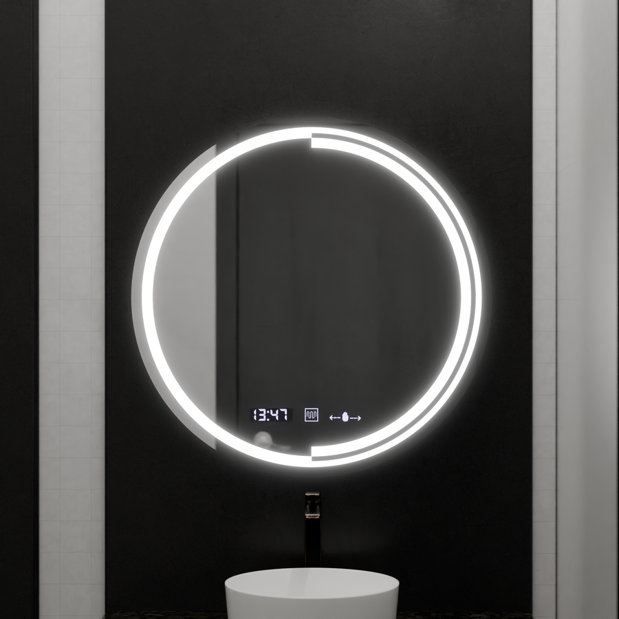 Specchio rotondo a LED, 60 cm, sensore MotionGlow Consuel Marcello, sistema antiappannamento, orologio e termometro, specchi dimmerabili Marcello Titolo predefinito Alessandro Design