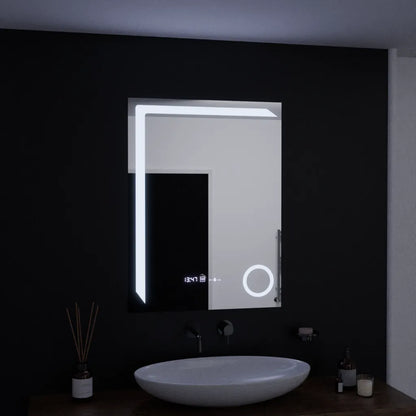 Specchio rettangolare a LED, 60x80 cm, Precision MotionGlow Marcello, sistema antiappannamento, orologio e termometro, lente d'ingrandimento cosmetica, specchi dimmerabili Marcello Titolo predefinito Alessandro Design