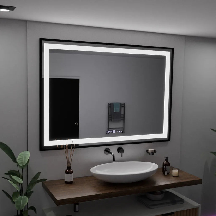 Specchio rettangolare a LED, 100x65 cm, Verite Majeste Noir Motion Glow Marcello, sistema antiappannamento, orologio e termometro, specchi dimmerabili Marcello Titolo predefinito Alessandro Design
