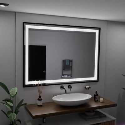 Specchio rettangolare a LED, 100x65 cm, Verite Majeste Noir Motion Glow Marcello, sistema antiappannante, orologio e termometro, dimmerabile