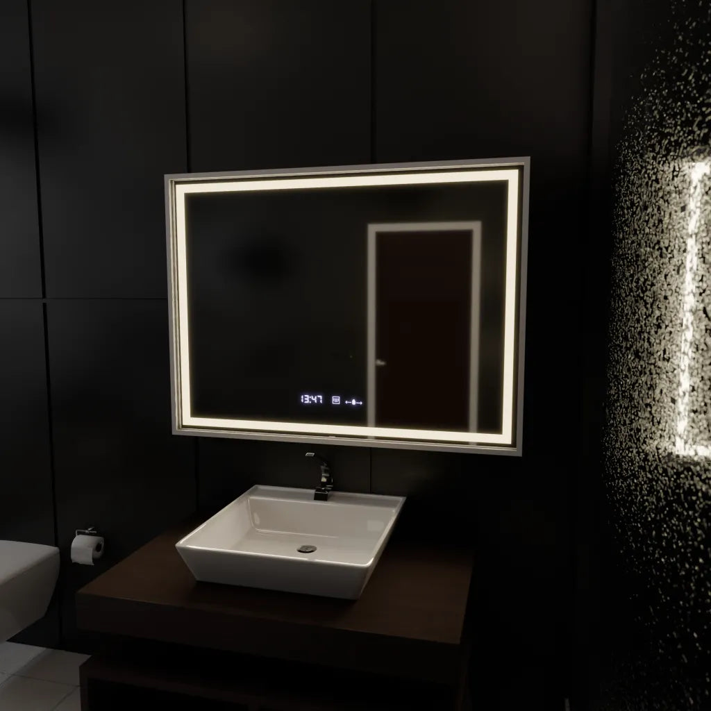Specchio rettangolare a LED, 120x80 cm, Verite Imperial Silver Motion Glow Marcello, sistema antiappannamento, orologio e termometro, specchi dimmerabili Marcello Titolo predefinito Alessandro Design