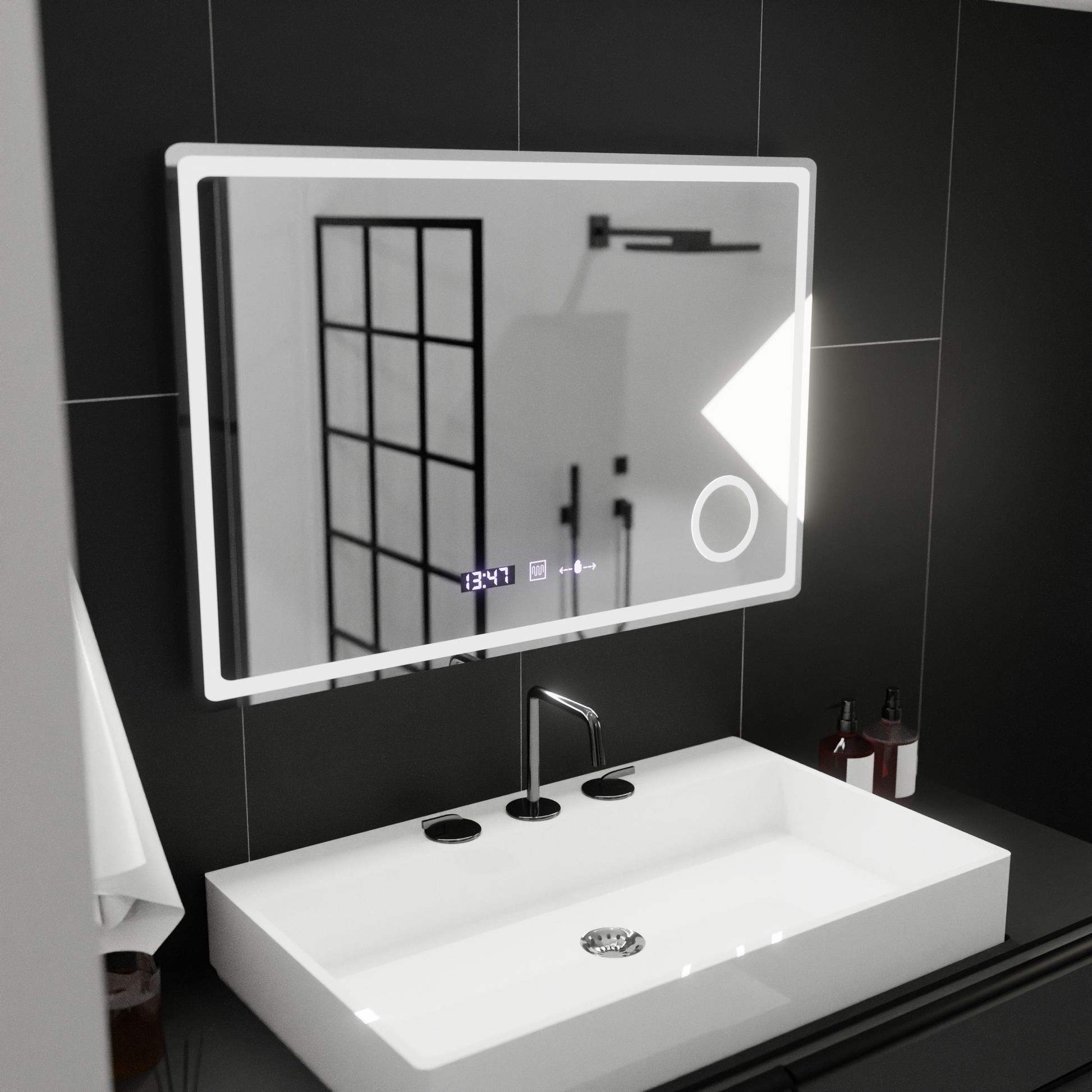 Specchio rettangolare a LED, 90x60 cm, Velour MotionGlow Marcello, sistema antiappannamento, orologio e termometro, lente d'ingrandimento cosmetica, specchi dimmerabili Marcello Titolo predefinito Alessandro Design