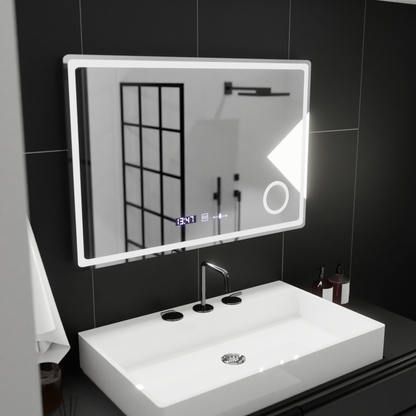 Specchio rettangolare a LED, 90x60 cm, Velour MotionGlow Marcello, sistema antiappannamento, orologio e termometro, lente d'ingrandimento cosmetica, specchi dimmerabili Marcello Titolo predefinito Alessandro Design