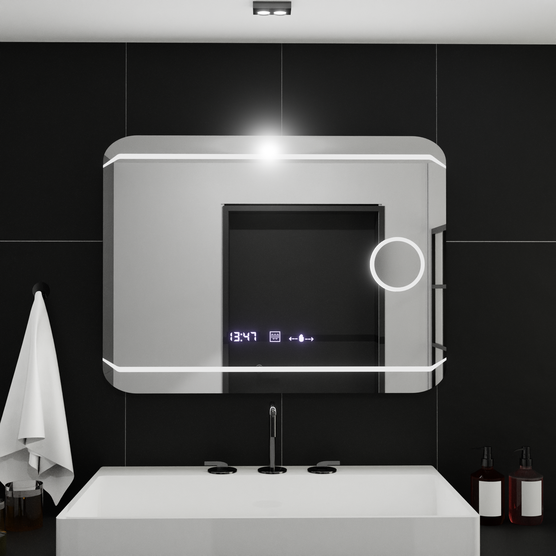 Specchio rettangolare a LED, 80x60 cm, stile Marcello MotionGlow, sistema antiappannamento, orologio e termometro, lente d'ingrandimento cosmetica, specchi Marcello dimmerabili Titolo predefinito Alessandro Design