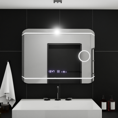 Specchio rettangolare a LED, 80x60 cm, stile Marcello MotionGlow, sistema antiappannamento, orologio e termometro, lente d'ingrandimento cosmetica, specchi Marcello dimmerabili Titolo predefinito Alessandro Design