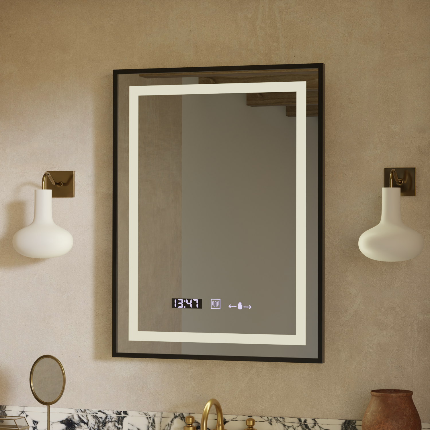 Specchio rettangolare a LED, 50x70 cm, Verite Majeste Noir Motion Glow Marcello, sistema antiappannamento, orologio e termometro, specchi dimmerabili Marcello Titolo predefinito Alessandro Design