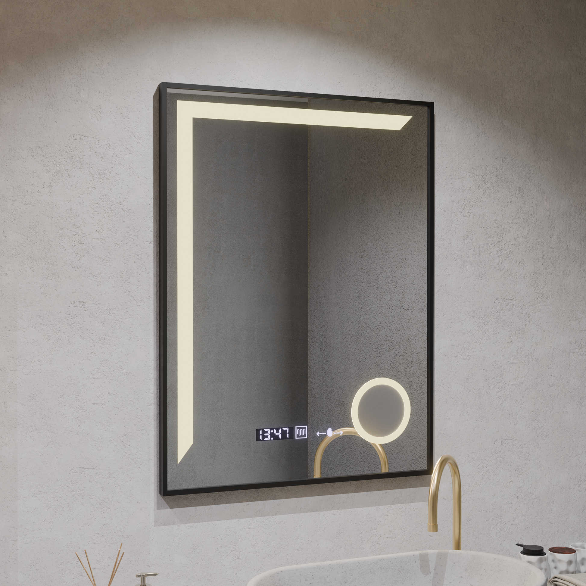 Specchio LED Francesca Sensore MotionGlow 60x80 cm Luce Calda/Fredda/Neutra Dimmerabile Cornice Nera Sistema Disappannante Spazzolato Termometro Orologio Collezione Marcello Funghi Marcello Specchi Titolo predefinito Alessandro Design